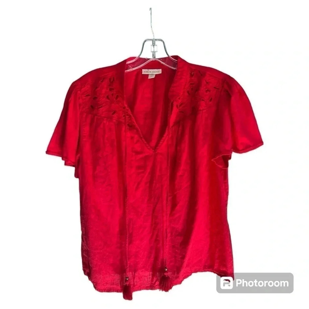 EUC Knox Rose women’s red tassel short sleeve boho top size Medium
